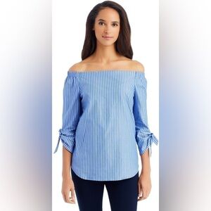 J. McLaughlin Blue & White Stripe Off Shoulder 3/4 Tie Sleeve Blouse Size XS